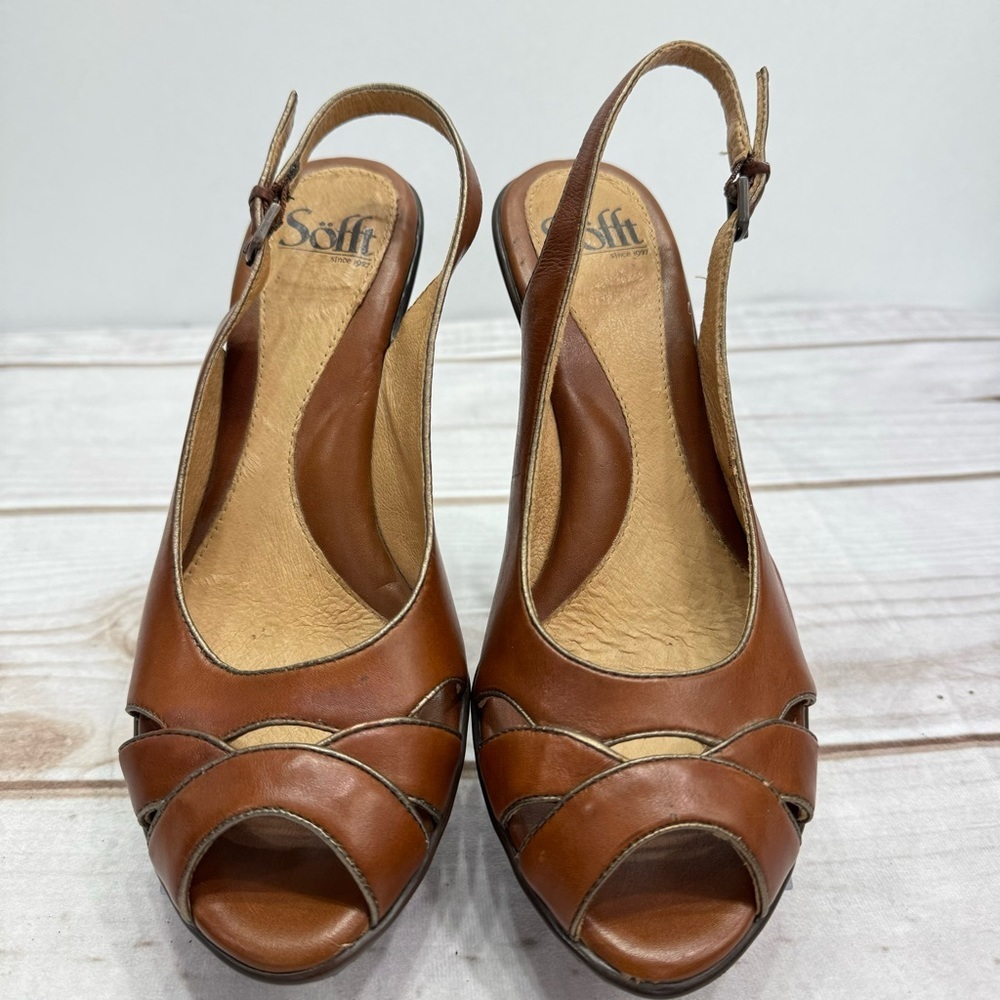 Sofft Brown Leather Slingback Peep Toe Heels Size 8M